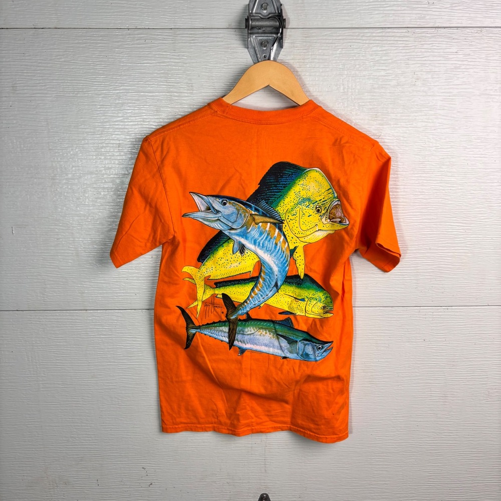 Guy Harvey AFTCO Orange Fishing Pocket Tee Fish Graphic Small